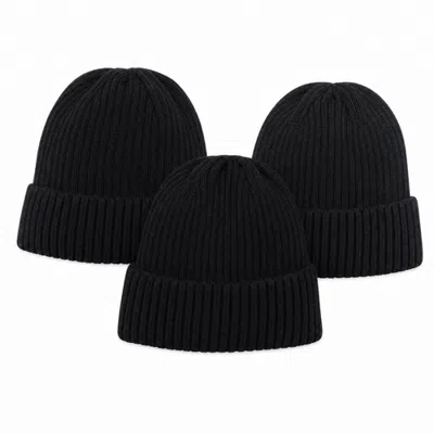 London Fog 3-pack Fleece Lined Rib Knit Beanie Set In Black