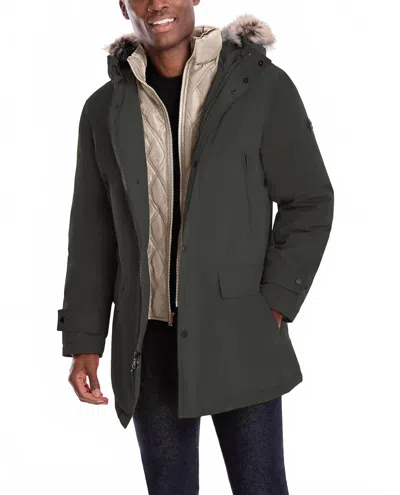 London Fog Artic Parka With Removable Faux Fur Trim On Hood In Dark Olive In Green