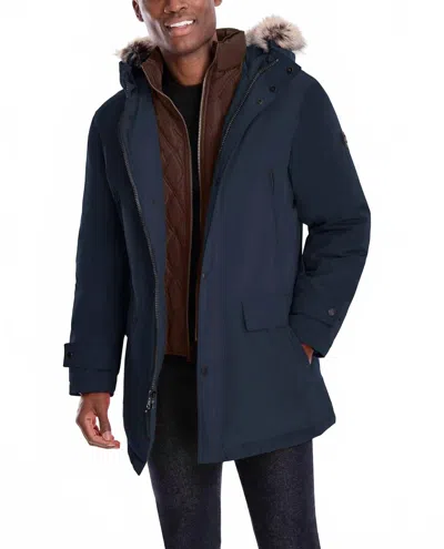 London Fog Artic Parka With Removable Faux Fur Trim On Hood In Midnight Blue