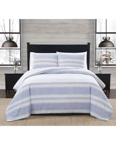 London Fog Blue Stripe Flannel Comforter Set In White