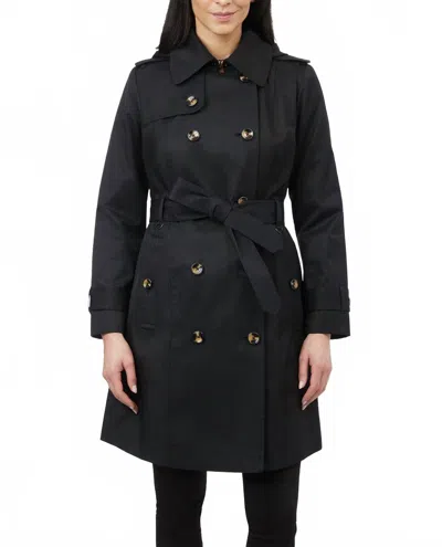 London Fog Double Breasted Hooded Trench Coat With Waist Belt In Black