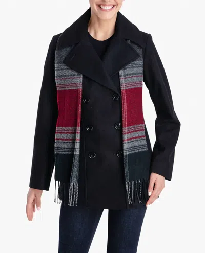 London Fog Double Breasted Peacoat With Scarf In Black