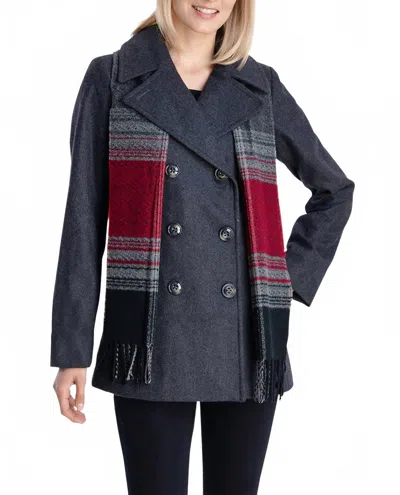 London Fog Double Breasted Peacoat With Scarf In Charcoal In Gray