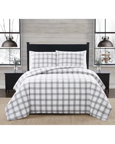 London Fog Grey Plaid Flannel Comforter Set In White