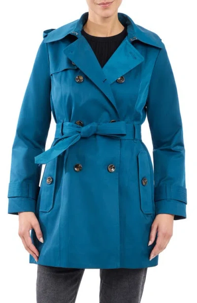 London Fog Hooded Double Breasted Cotton Blend Trench Coat In Peacock