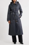 London Fog Hooded Single Breasted Maxi Trench Coat In Blue