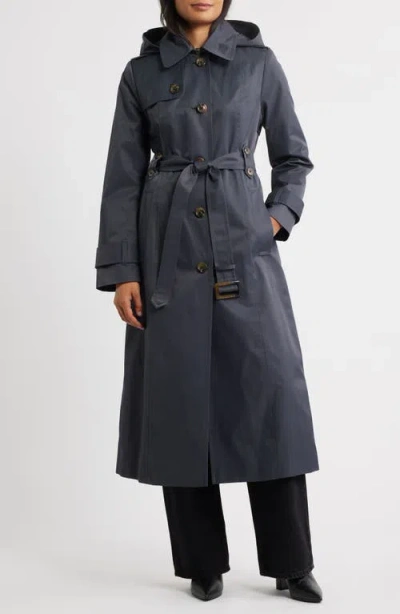 London Fog Hooded Single Breasted Maxi Trench Coat In Blue