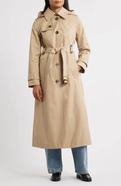 London Fog Hooded Single Breasted Maxi Trench Coat In Neutral