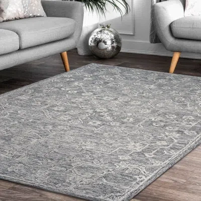 London Fog Ivy Handmade Transitional Distressed Floral Motif Tufted Wool Area Rug In Gray
