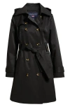 London Fog Missy Hooded Belted Trench Coat In Black