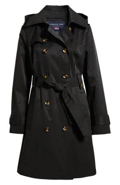 London Fog Missy Hooded Belted Trench Coat In Black