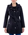 London Fog Petite Hooded Belted Zip-front Raincoat In Black