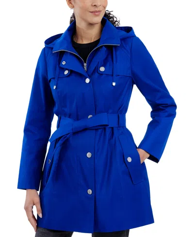 London Fog Petite Hooded Belted Zip-front Raincoat In Ultra Marine
