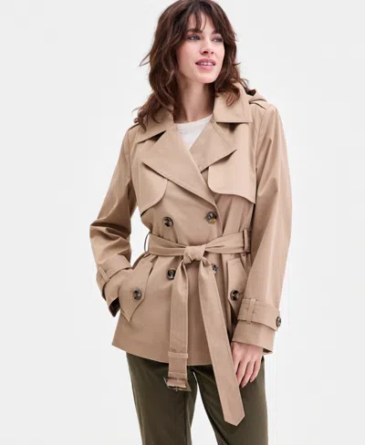 London Fog Petite Short Double-breasted Belted Trench Coat In British Khaki