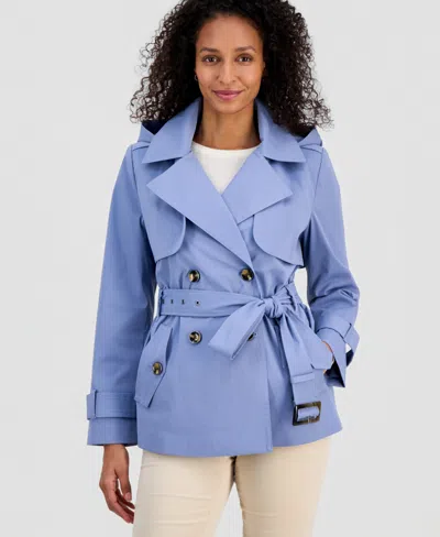 London Fog Petite Short Double-breasted Belted Trench Coat In Washed Denim