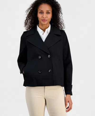 London Fog Petite Short Double-breasted Trench Coat In Black