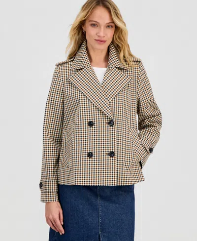 London Fog Petite Short Double-breasted Trench Coat In Check
