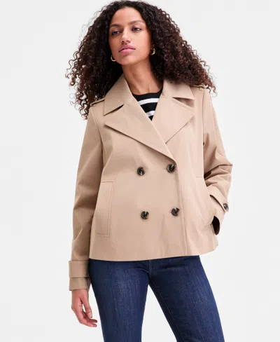 London Fog Petite Short Double-breasted Trench Coat In Khaki