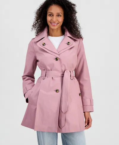 London Fog Petite Single-breasted Hooded Belted Trench Coat In Pink