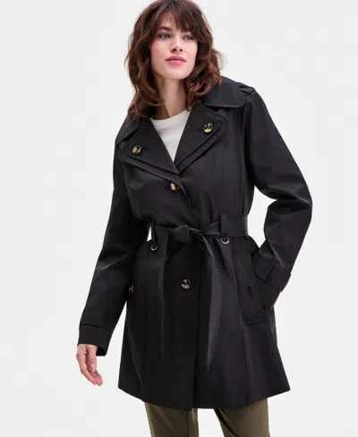 London Fog Petite Single-breasted Hooded Belted Trench Coat In Black