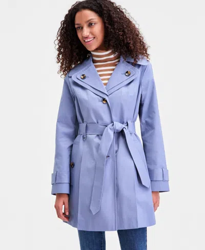 London Fog Petite Single-breasted Hooded Belted Trench Coat In Blue
