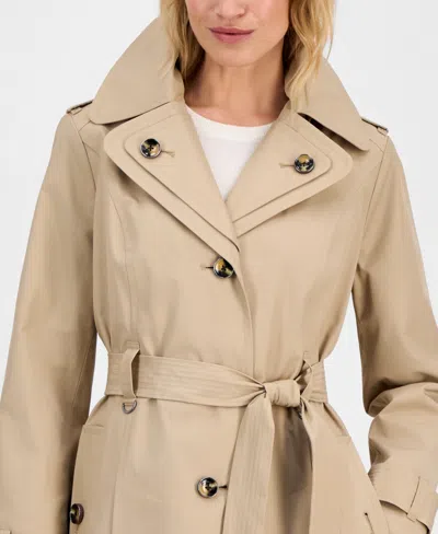 London Fog Petite Single-breasted Hooded Belted Trench Coat In Brown