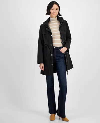 London Fog Petite Zip-front Belted Long-sleeve Rain Coat In Black