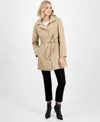 London Fog Petite Zip-front Belted Long-sleeve Rain Coat In Gray