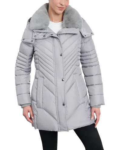 London Fog Petite Zip-front Hooded Puffer Jacket With Button-off Fur Collar In Pearl Grey In Gray