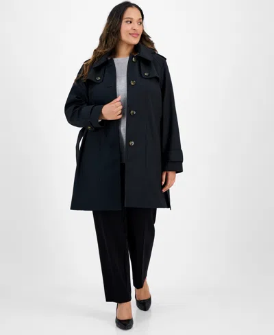 London Fog Plus Size Hooded Belted Raincoat In Black