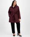 London Fog Plus Size Hooded Belted Raincoat In Burgundy