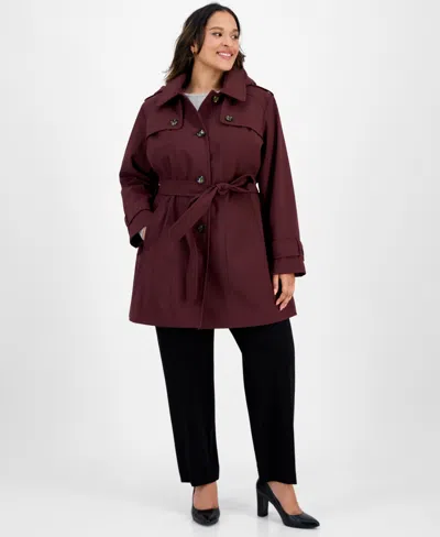 London Fog Plus Size Hooded Belted Raincoat In Burgundy