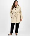 London Fog Plus Size Hooded Belted Raincoat In Neutral