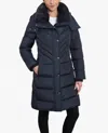 London Fog Zip-front Hooded Heavy Weight Puffer Jacket With Button-off Fur Collar In Navy In Blue