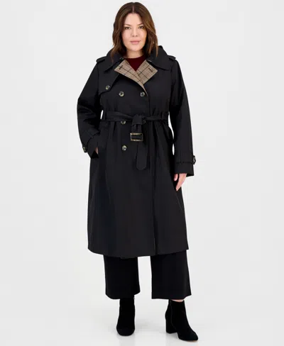 London Fog Plus Size Plaid Collar Belted Trench Coat, Created For Macy's In Black