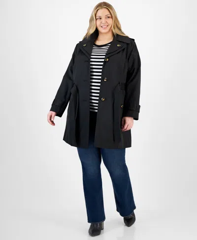 London Fog Plus Size Single-breasted Hooded Belted Trench Coat In Black