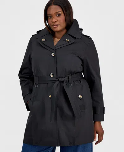 London Fog Plus Size Single-breasted Hooded Belted Trench Coat In Black