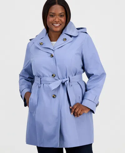 London Fog Plus Size Single-breasted Hooded Belted Trench Coat In Blue