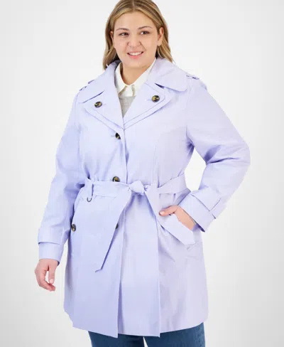 London Fog Plus Size Single-breasted Hooded Belted Trench Coat In Blueberry