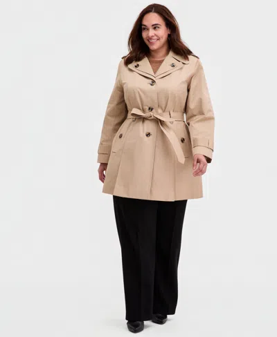 London Fog Plus Size Single-breasted Hooded Belted Trench Coat In Neutral