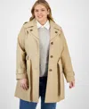 London Fog Plus Size Single-breasted Hooded Belted Trench Coat In Stone