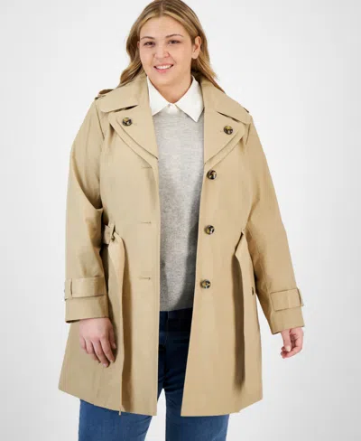 London Fog Plus Size Single-breasted Hooded Belted Trench Coat In Stone