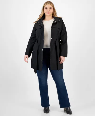 London Fog Plus Size Zip-front Hooded Belted Trench Coat In Black
