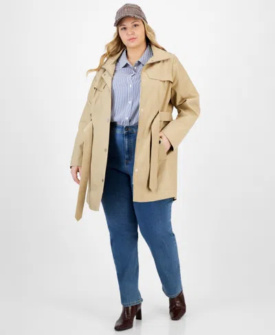 London Fog Plus Size Zip-front Hooded Belted Trench Coat In Stone