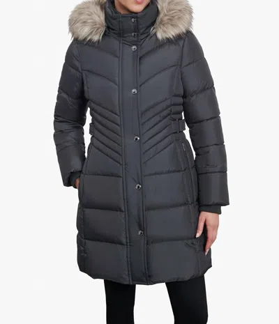 LONDON FOG PLUS SIZE ZIP-FRONT LONG LENGTH PUFFER JACKET WITH ZIP-OFF FUR TRIM HOOD IN GREY