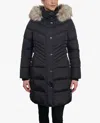 London Fog Plus Size Zip-front Long Puffer Jacket With Zip-off Fur Trim Hood In Black In Black