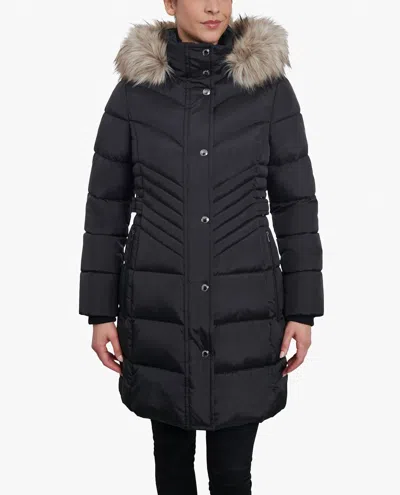 London Fog Plus Size Zip-front Long Puffer Jacket With Zip-off Fur Trim Hood In Black