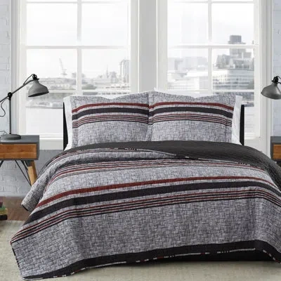 London Fog Warren Stripe Quilt Set In Red,gray,black