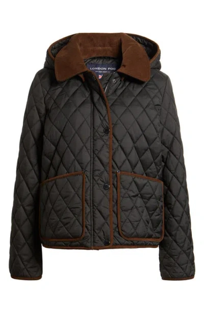London Fog Water Resistant Corduroy Trim Quilted Coat In Black
