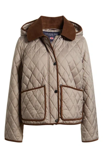 London Fog Water Resistant Corduroy Trim Quilted Coat In Gray
